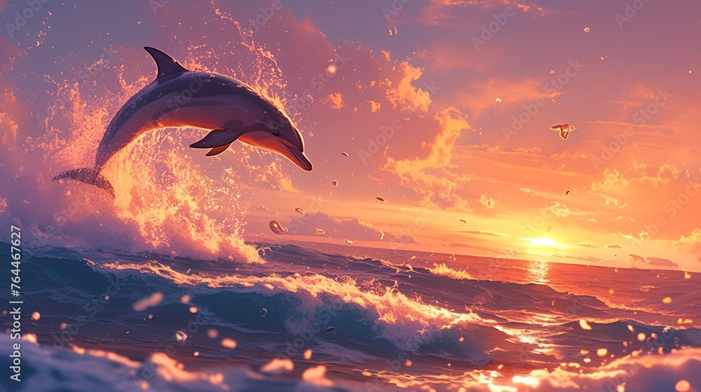 イルカと夕日の風景9 - obrazy, fototapety, plakaty 