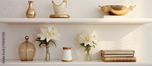 There are three decorative vases displayed on a wooden shelf. Each vase holds colorful flowers, and there are books next to them.