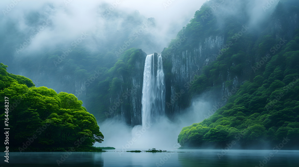 The majesty of a waterfall veiled in the soft embrace of morning mist, creating a dreamlike and serene atmosphere