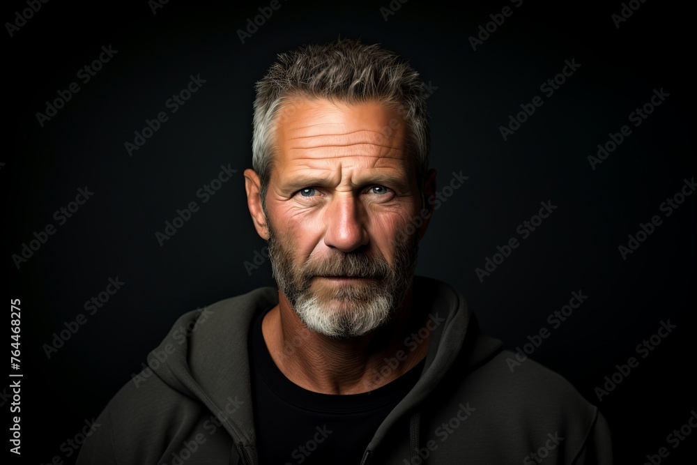 Portrait of an old man with a beard on a black background.