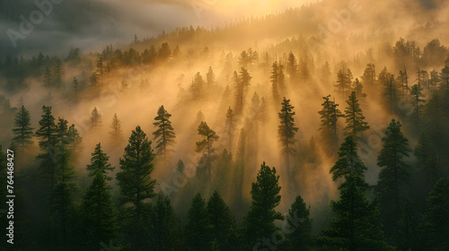 cinematic sunrise over misty pine forests, conveying the serene beauty of the early morning light