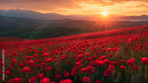 cinematic sunrise over poppy-covered hills  turning the landscape into a scarlet horizon ballet