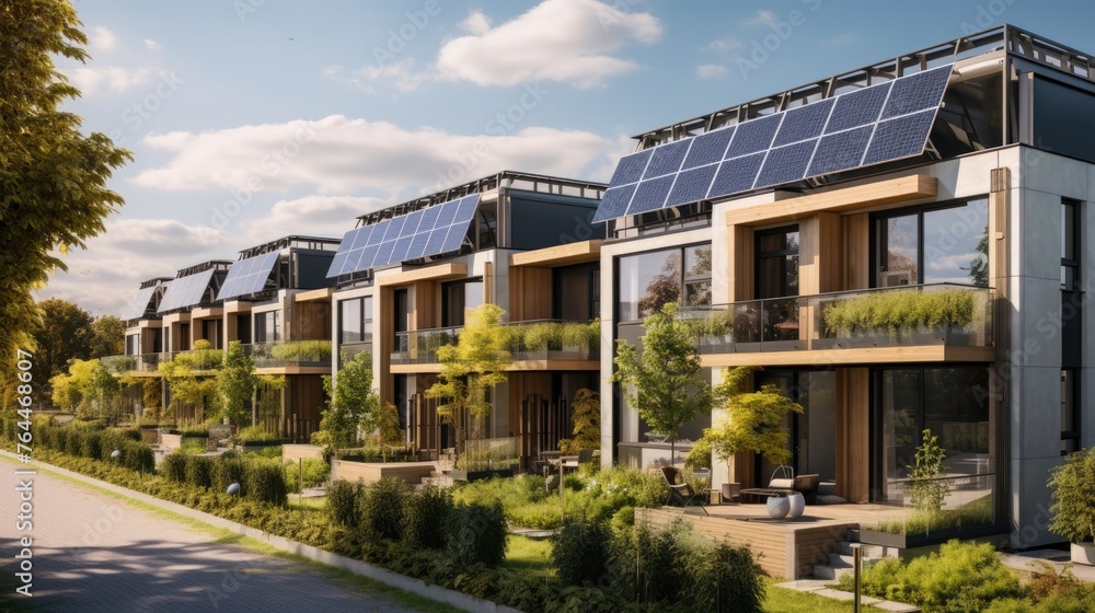 Modern eco friendly multifamily homes with photovoltaic cells