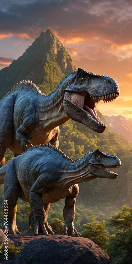 Fototapeta premium Tyrannosaurus on a walk in the tropics among palm trees.