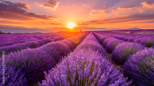 The vibrant colors of a sunset over lavender fields, creating a harmonious blend of warm and cool tones