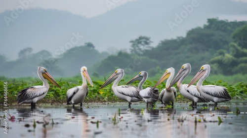 Pelicans at Kolleru bird sanctuary in Andhra pradesh India © peerawat