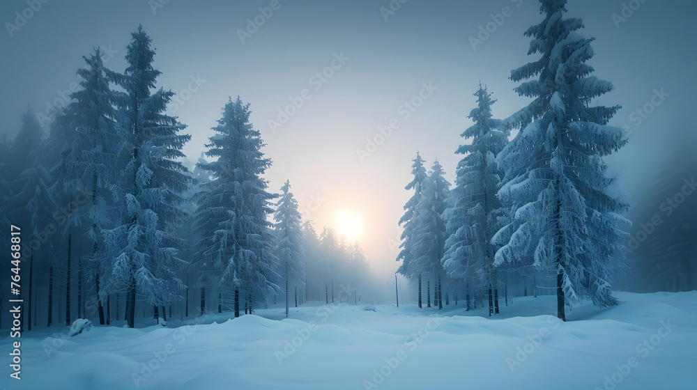 The ethereal beauty of moonlit snow-covered pine tree forests, highlighting the serene and quiet winter landscapes The ethereal beauty of moonlit snow-covered pine tree forests, highlighting the serene and quiet winter landscapes