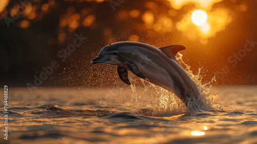 Dolphin Leaping Out of Water with Sunset Background. Generative AI. © Yerjung