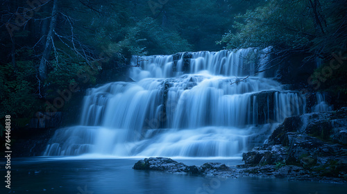The ethereal beauty of moonlit waterfall cascades, emphasizing the soft glow of lunar light on the flowing water