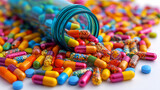 Vibrant Mix: Colorful Pills Spill from Open Medicine Bottle
