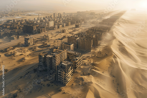 A post-apocalyptic city covered by sand dunes