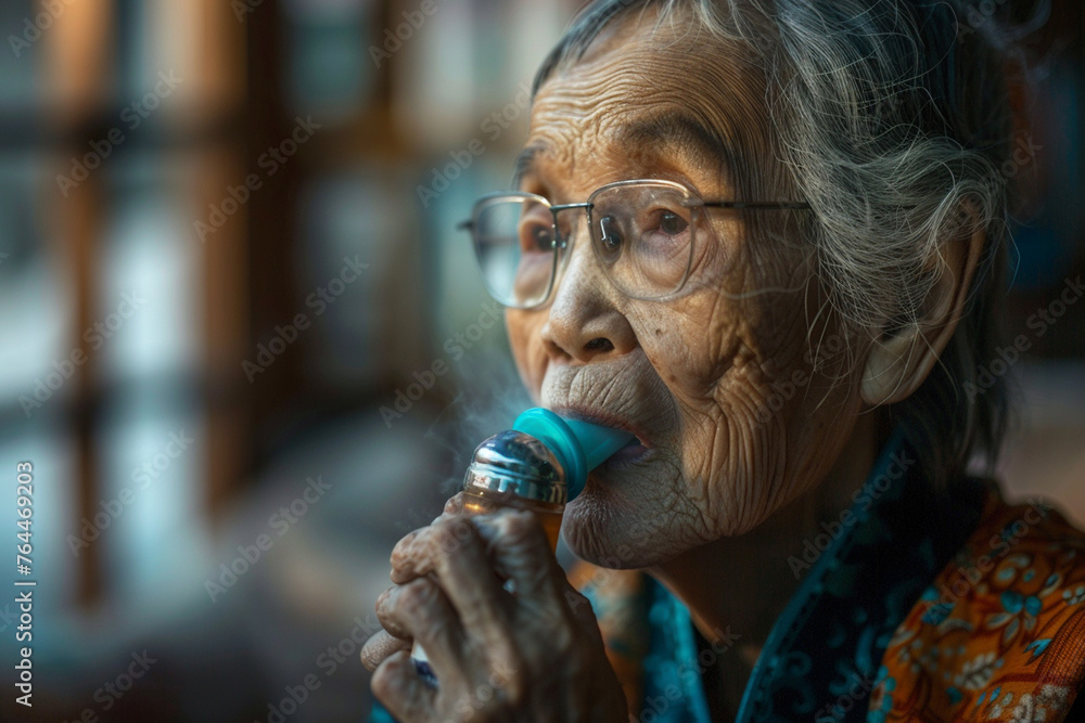 Elderly people are taking medicine and inhaling medicine for asthma.AI generetive. - obrazy, fototapety, plakaty 
