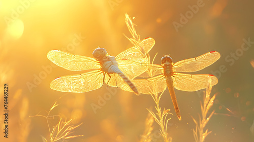 The dynamic dance of dragonflies in sunlight, freezing the intricate and swift movements of these aerial acrobats