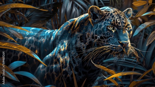 Digital painting of a black panther with Neon Glitch art, on a black background. Generative AI © paryati