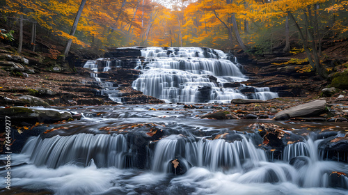 The dynamic flow of waterfalls framed by colorful autumn foliage, blending the movement of water with the warmth of fall hues