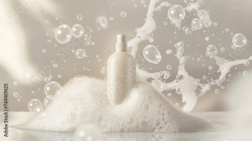 Photo of shampoo bottle with foam, surrounded by bubbles. Generative AI.
