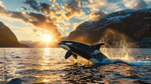 Killer whale aka Orca jumping from the water at sunset. Ai generated photo