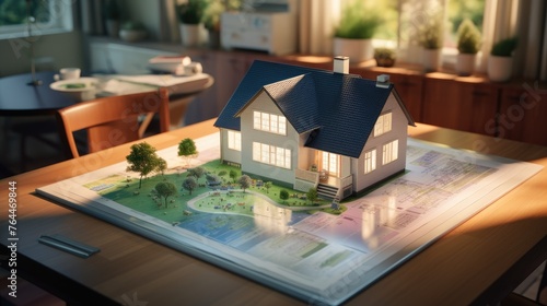 a concept holo 3d render model of a small living house on a table in a real estate agency. mortgage contract document and demonstrating business photo