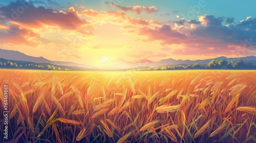 Golden wheat field with morning sun background in the sky with bright clouds. AI generated © paryati