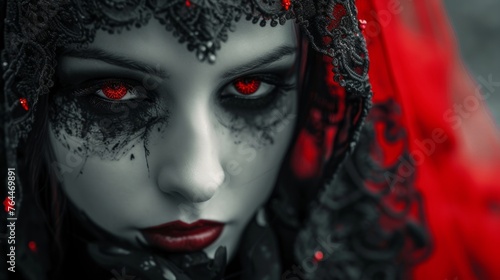 Gothic woman portrait with red eyes and black makeup