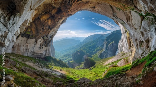A view from Ialomita cave, located near Padina plateau in the Bucegi mountains of Romania. photo