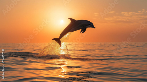 Dolphin Leaping Out of Water with Sunset Background. Generative AI. © Yerjung