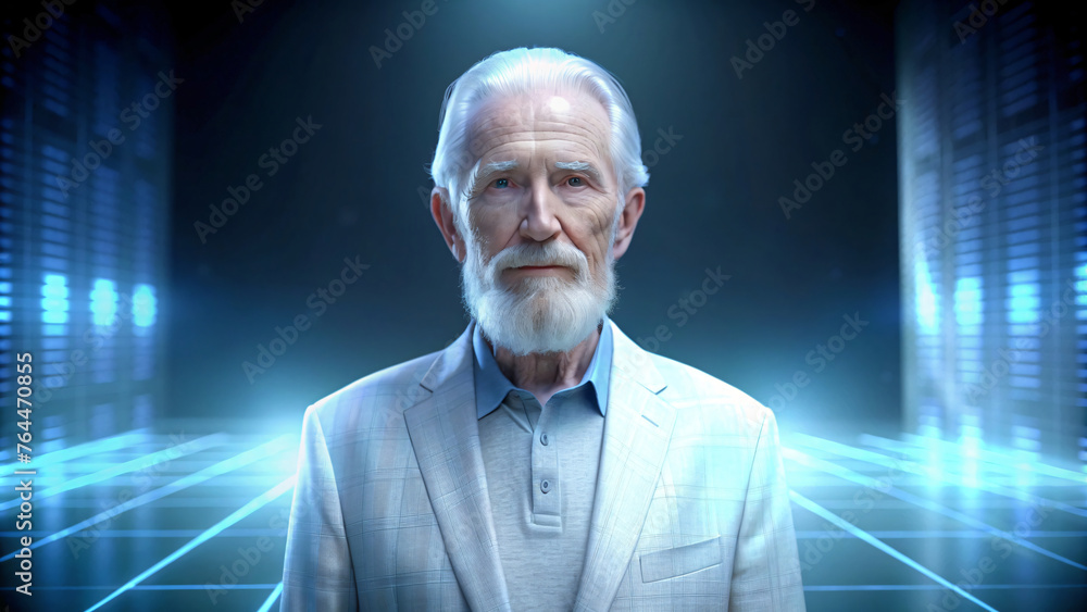 Fototapeta premium Smiling senior businessman in a black suit in an office and laboratory setting