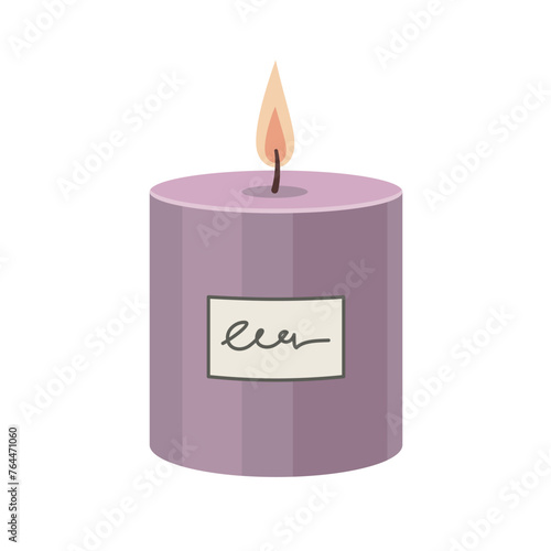 Burning Aromatherapy candle with label sticker isolated on white background. Hand drawn Vector illustration. Aroma candle icon. Hand crafted candle. Flat design