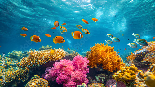 Dive into crystal-clear waters and capture vibrant coral reefs  showcasing the kaleidoscope of colors beneath the sea s surface