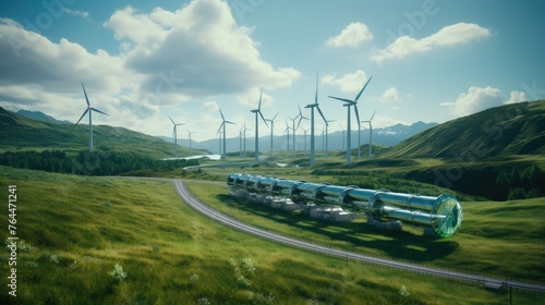 A hydrogen pipeline with wind turbines and in the background. Green hydrogen production concept