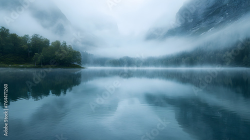 Cinematic scenes of mist rolling over tranquil mountain lakes, creating a sense of mystery and tranquility