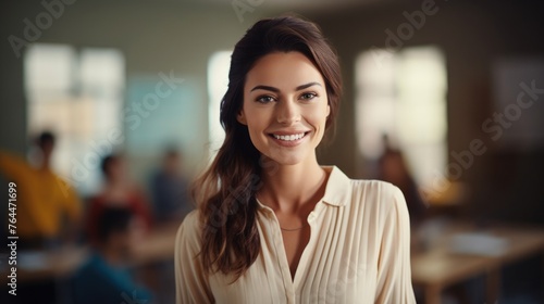 a photo portrait of a beautiful young female american school teacher standing in the classroom. students sitting and walking in the break. blurry background behind