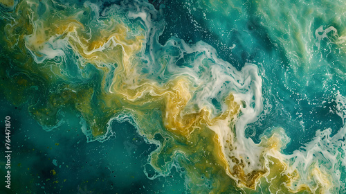 Abstract patterns in vibrant algae blooms, capturing the intricate colors and textures in aquatic ecosystems