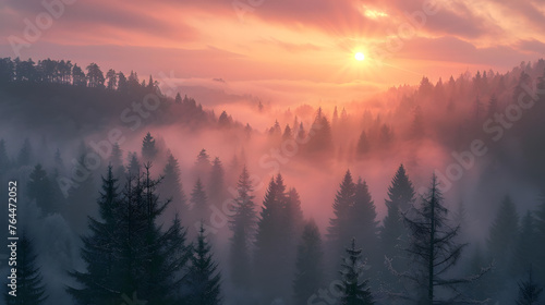 cinematic sunrise over misty pine forests, showcasing the mystical beauty of dawn in woodland landscapes