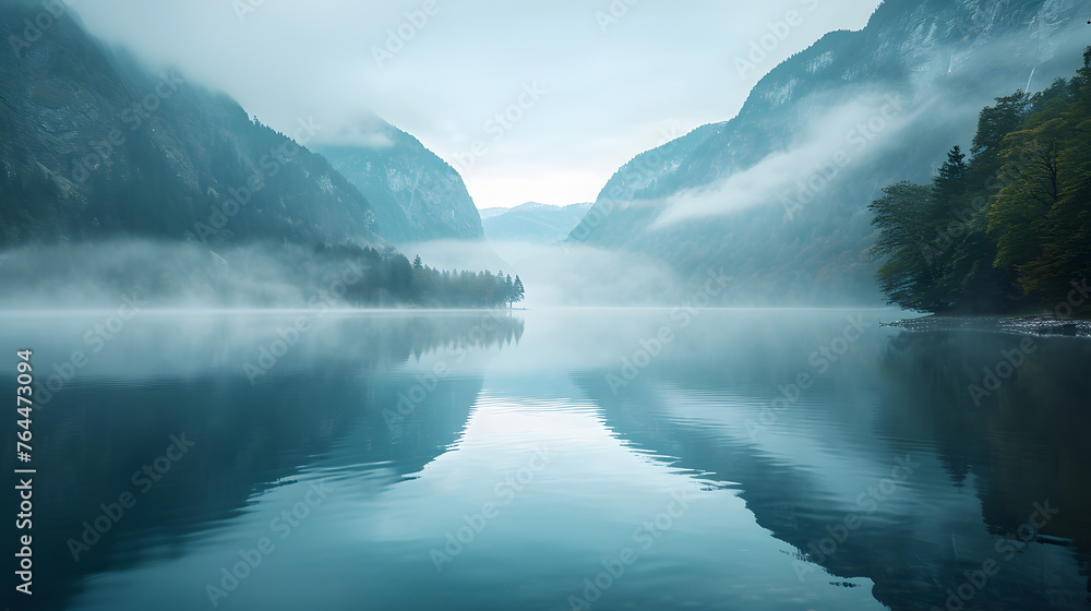 Serene mountain lakes shrouded in mist, emphasizing reflections and creating an ethereal atmosphere