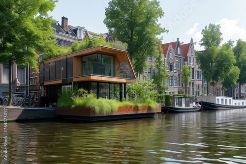 suburban houses on the bank of canal