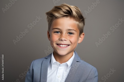 Portrait of a smiling little boy in a business suit. Studio shot.