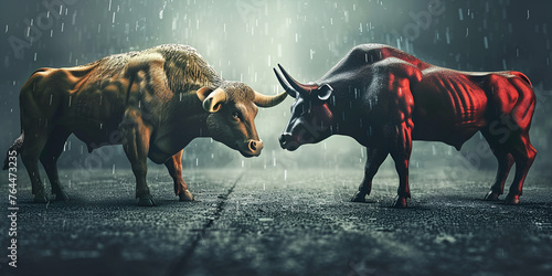 Illustration of bull and bear fighting - stock or crypto market concept.