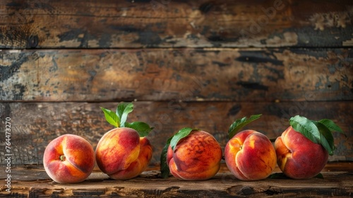 Fresh and large peaches placed on a wooden surface.