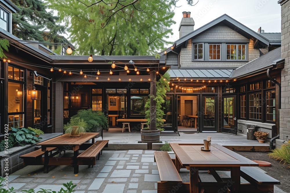 Fototapeta premium A Dublin pub courtyard transforms the backyard of a craftsman-style home