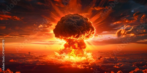 A powerful explosion creates a mushroom cloud in the sky. Concept Explosions, Mushroom Cloud, Sky, Power, Impact