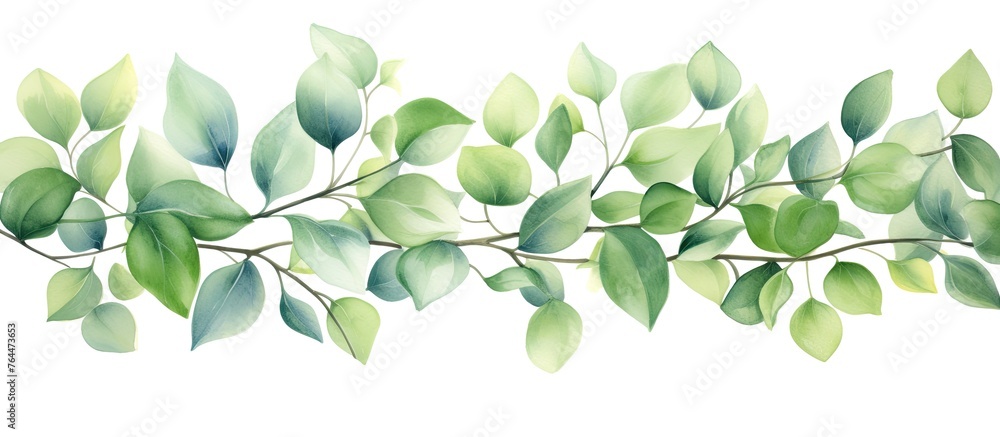 A detailed art piece showing a branch covered in vibrant green leaves painted with watercolors