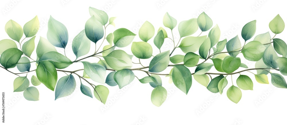 A detailed art piece showing a branch covered in vibrant green leaves painted with watercolors A detailed art piece showing a branch covered in vibrant green leaves painted with watercolors
