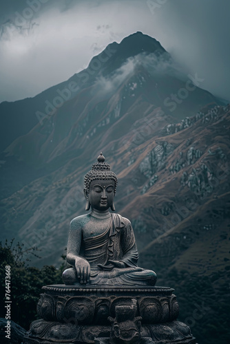 A buddha statue in front of mountains