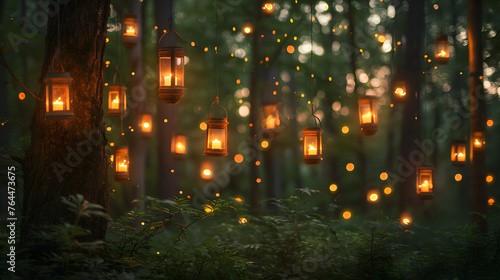 Lanterns or lights in a forest setting during the transition from daylight to dusk, creating a mystical and atmospheric scene