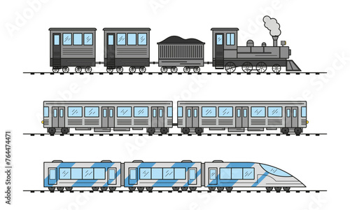 Modern and vintage train collection. Old and electric high-speed passenger trains. Railroad travel and railway tourism. Subway transport underground train. 
