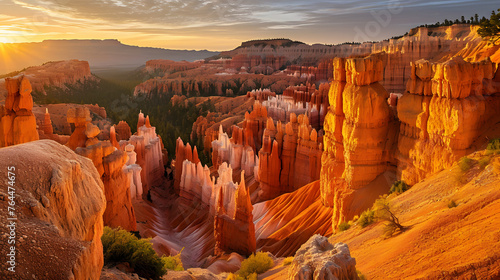 The iconic hoodoos of Bryce Canyon during the soft light of sunrise. The warm hues on the rock formations can be enchanting