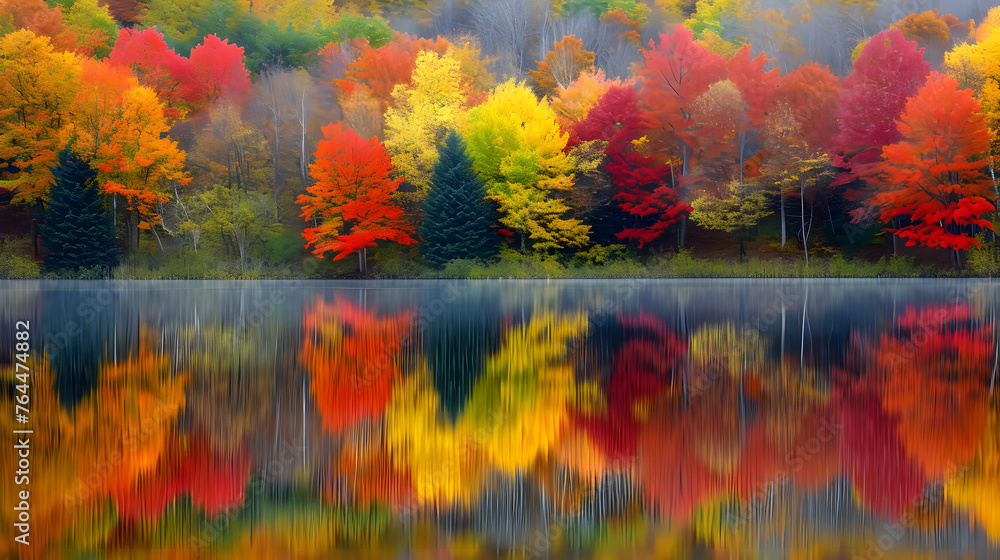 Fototapeta premium The reflection of autumn foliage in calm bodies of water. This can create a double impact of the colorful foliage