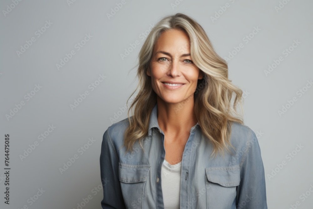 Portrait of smiling mature woman looking at camera isolated on grey background Portrait of smiling mature woman looking at camera isolated on grey background