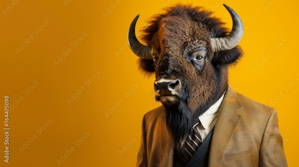 Stoic Bison in Western Attire With a Defiant Stare. A robust bison clad in a western-style suit stares confidently ahead, its presence embodying the spirit of resilience and untamed nature. Stoic Bison in Western Attire With a Defiant Stare. A robust bison clad in a western-style suit stares confidently ahead, its presence embodying the spirit of resilience and untamed nature.